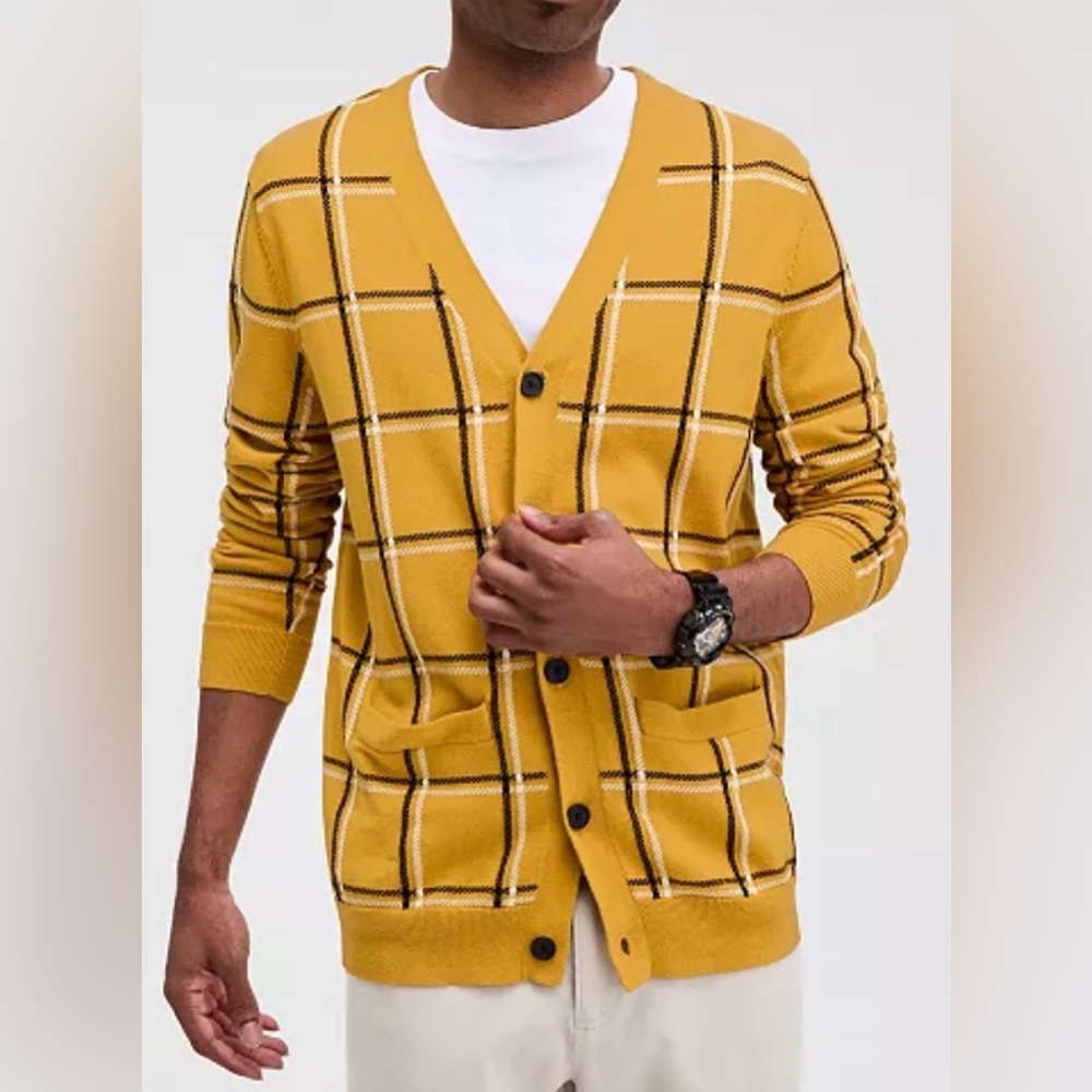 NWT Club Room Men's Medium Cotton Windowpane-Plaid Cardigan Sweater